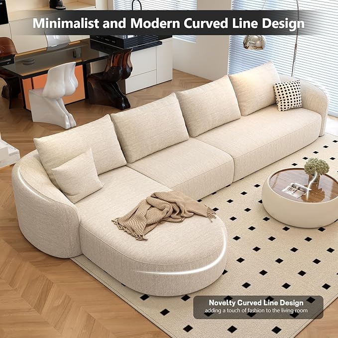 138.6" Modular Sectional Couches Luxury Modern Curved Back Sofa,Minimalist Comfy L-Shape Boneless Cloud Couch for Living Room Apartment,(Left Facing Chaise,White)
