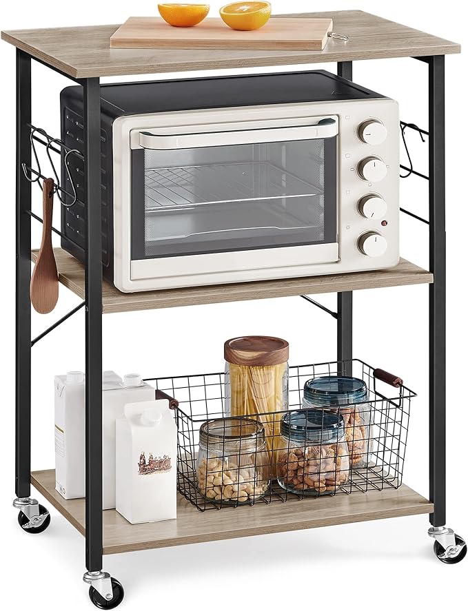 VASAGLE Kitchen Shelf on Wheels, 23.6 Inches Serving Cart with 3 Shelves, Kitchen Cart, Microwave Shelf, for Mini Oven, Toaster, with 6 Hooks, Industrial Style, Heather Greige and Ink Black UKKS060B02