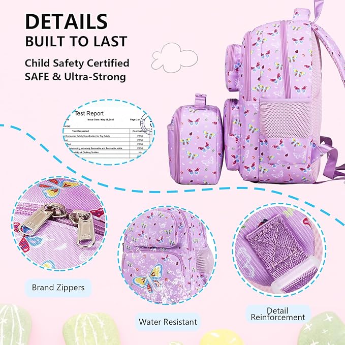 Girls Backpack with Lunch Box Glow in Dark Butterfly Bookbag Teens Ages 4-12 Kindergarten Elementary Middle School Butterfly Backpack, Luminous Butterfly Purple