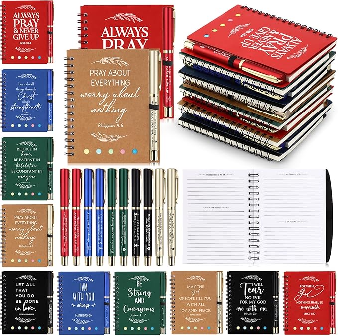 Spakon 30 Set Christian Gifts Bulk Easter Mother's Day Church Sticky Note Spiral Notebook Bible Verse Ballpoint Pen Prayer Journal Religious Scripture Notepad Sunday School Teacher Party Favors