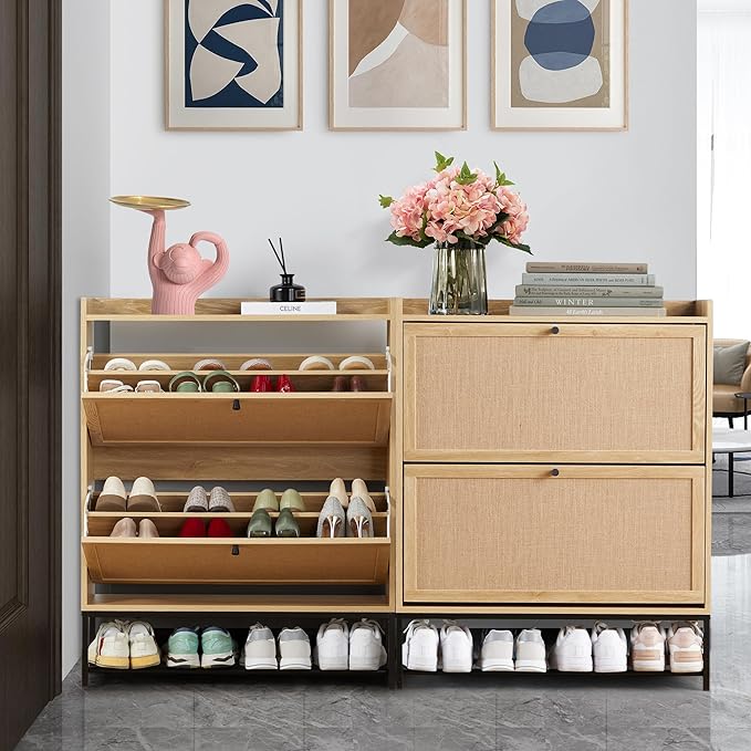 LEVNARY Shoe Storage Cabinet with 2 Flip Drawers, Wooden Narrow Shoe Cabinet Storage for Entryway, Freestanding Shoe Rack Organizer Cabinet with Metal Legs for Hallway (1, Natural Oak)