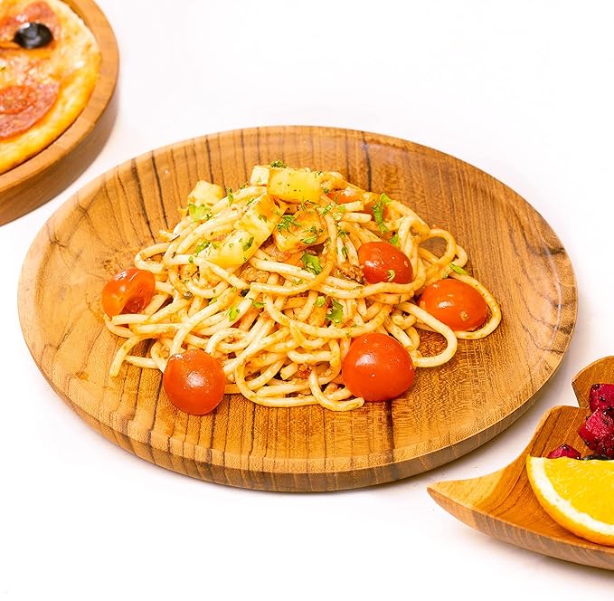 Rainforest Bowls Set of 2 8" Round Javanese Teak Wood Plates- Perfect for Everyday Use- Hot & Cold Friendly, Ultra-Durable, Premium Wooden Plates- Handcrafted by Indonesian Artisans