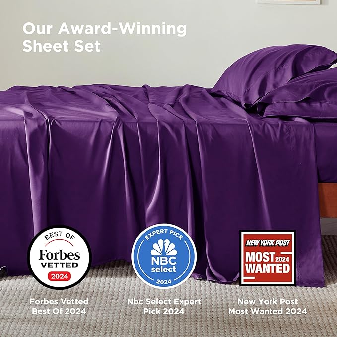 Bedsure California King Sheet Sets, Cooling Sheets for Hot Sleepers, Rayon Derived from Bamboo, Breathable & Soft, Deep Pocket Up to 16 Inches, Hotel Luxury Silky Bedding, Plum