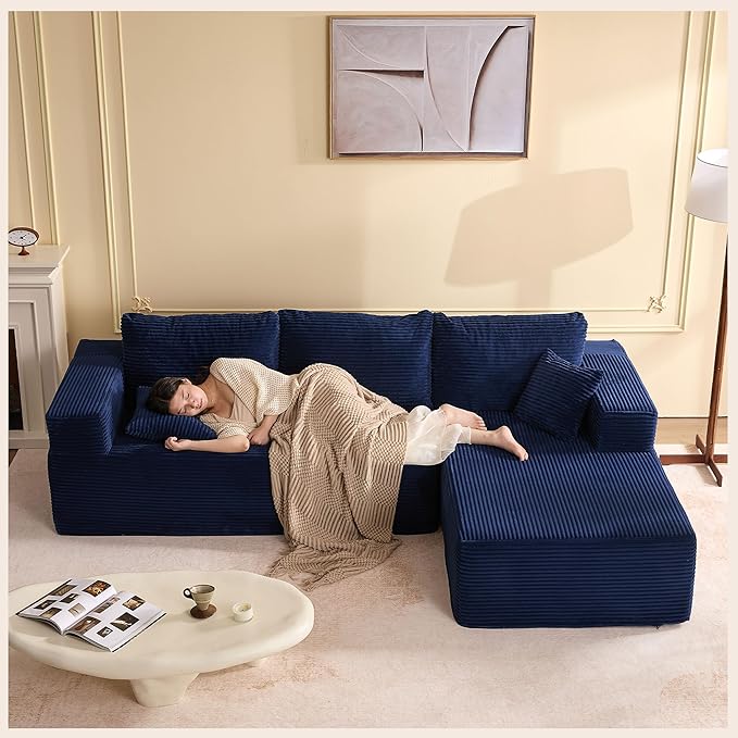 107" Boneless Couch with Deep Seat, Modular Sectional Sofa, Cloud Sectional Couch for Living Room, No Assembly Required, Corduroy, L-Shape Right?Blue