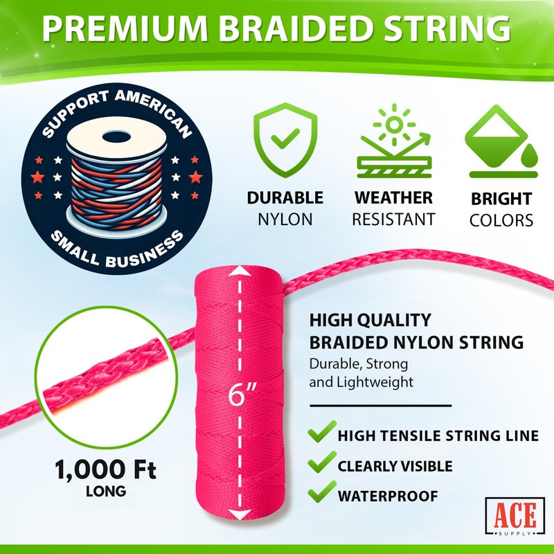 Pink Mason Line String Line - 36 Roll Pack - #18 Braided Nylon String - 1000 Ft Length Per Roll - Nylon Twine for Gardening Or Masonry Tools - Perfect Construction String for A String Level