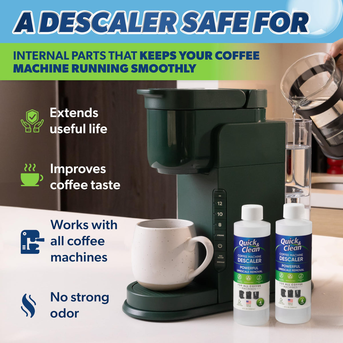 Quick & Clean 2-Pack Descaler (8 Total Uses) - Made in the USA - Descaling Solution for Keurig, Nespresso, Ninja, Delonghi, Coffee and Espresso Machines
