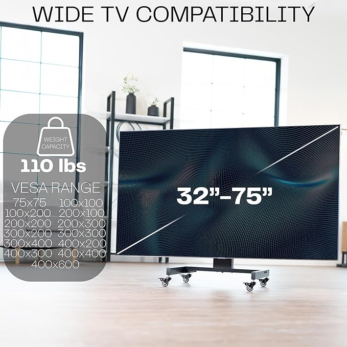 VIVO Low Height TV Cart for 32 to 75 inch Screens, Height Adjustable with Tilt, Holds up to 110 lbs, Max VESA 600x400, Black, STAND-TV02L