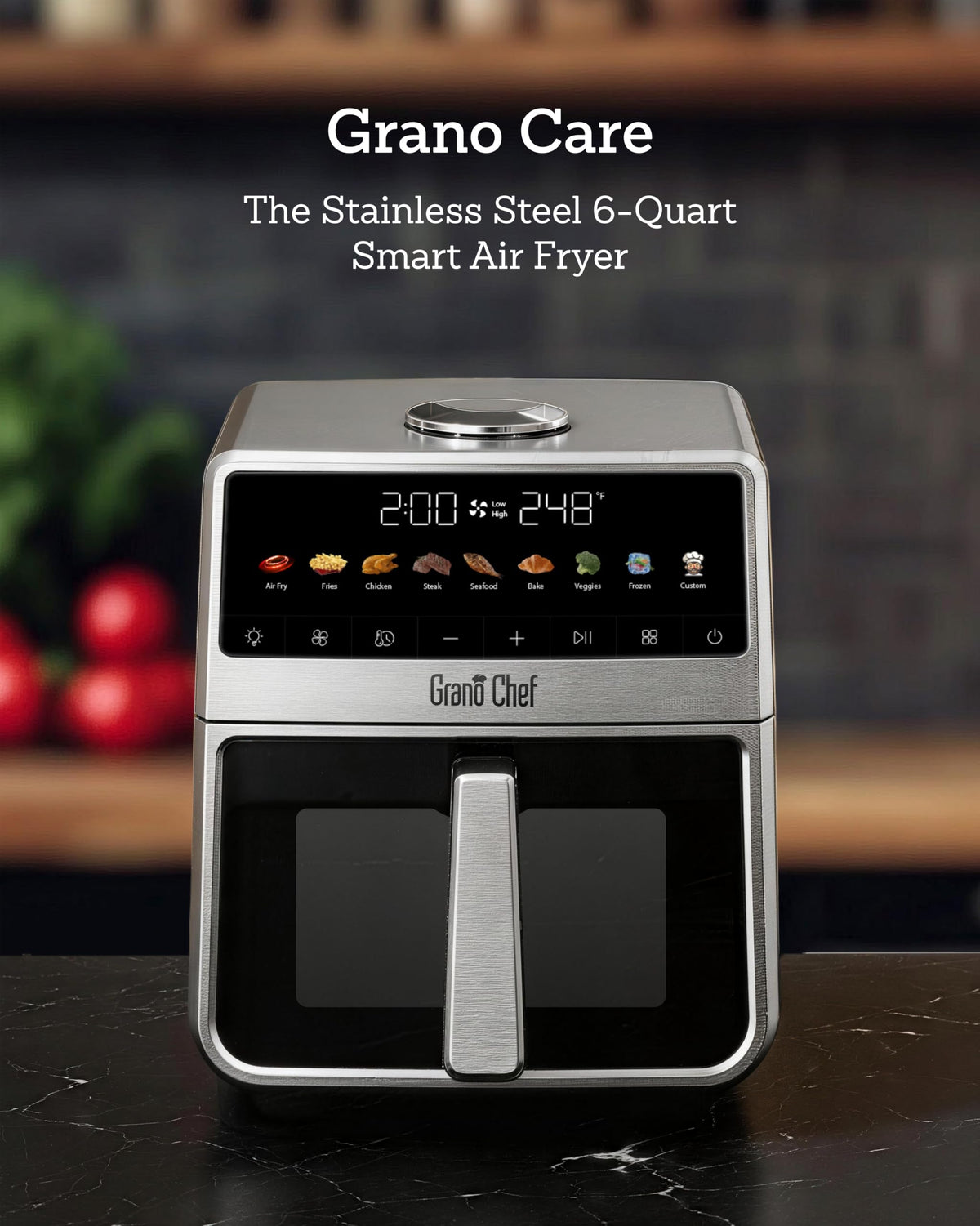 Grano Care Stainless Steel Air Fryer 6 Qt, Ceramic glaze Air Fryer, Stainless Steel Housing& Full Metal Inner Pot, PTFE and PFAS Free, 9 Digital One-Touch Cook Functions,120°F~450°F, 1700W