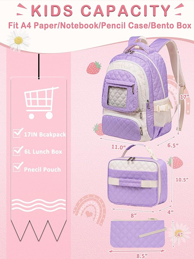Beige Strawberry Backpack with Lunch Box for Girls Teens Kids for Age 6-8 8-10 10-12 Kawaii School Bag for Middle High School Primary Elementary Bookbag Mochila Para Niñas