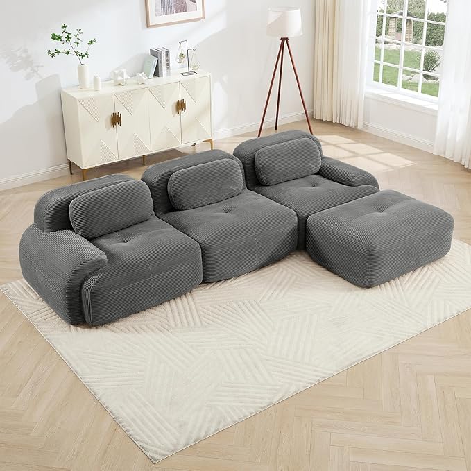 116" Modern Corduroy Cloud Sofa with Ottoman, L Shaped Boneless Modular Large Sectional Couches for Living Room, Gray 3 Seater Compressed Memory Foam Couch, Extra Deep Seat, No Assembly