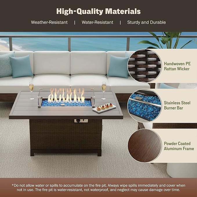 52 Inch Outdoor Fire Pit Table, 50000 BTU Propane Fire Pits with Wind Guard and Fire Glass, CSA Certified Patio Fire Table, Rectangular Aluminum Rattan Fire Table for Outside Patio, Backyard, Brown
