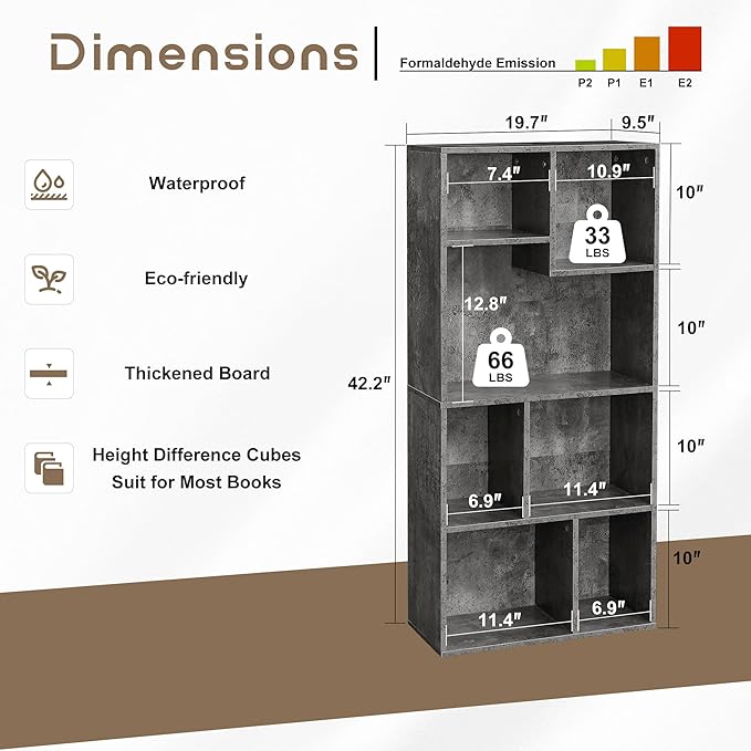 VECELO 42" Contemporary Bookshelf, 7 Cube Organizer Bookcase,Fits Tallest Hardcovers, Horizontal Available,Floor Standing Display,Easy Assembly, Gray