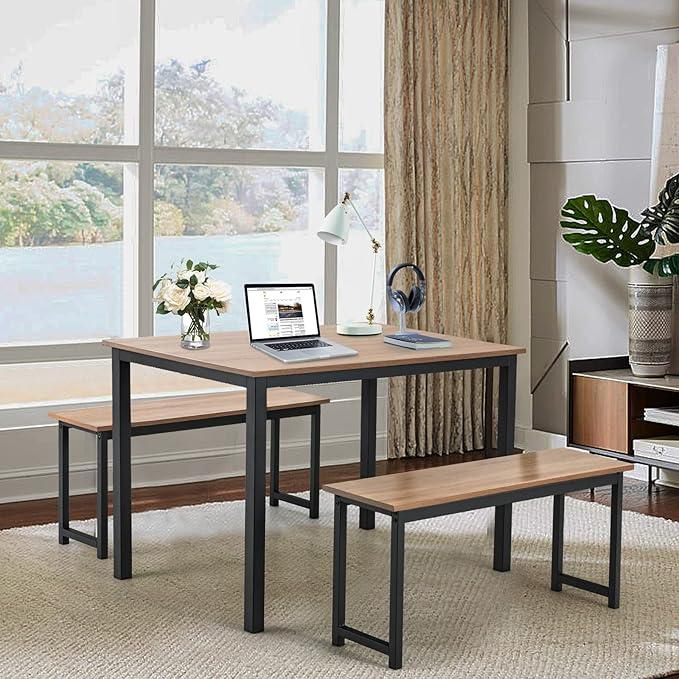 LDAILY Moccha Dining Table Set for 4, Kitchen Table with Benches,43 Inch 3-Piece Wooden Space-Saving Dinette Set with Metal Frame for Kitchen, Dining Room,Small Spaces, Industrial Brown & Black
