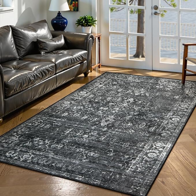 Lahome Washable Black 4x6 Area Rugs for Living Room Bedroom, Boho Vintage Non Slip Stain Resistant Floor Dining Room Carpet for Office Entrance Decor