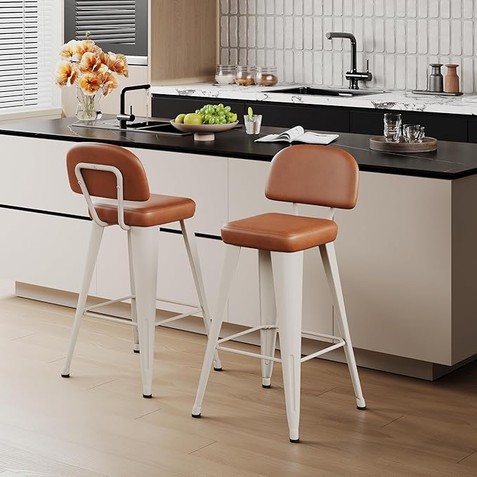 Aklaus PU Leather Metal Bar Stools 30 inch Faux Leather Bar Height Barstools Set of 2 Modern Farmhouse Bar Chairs with High Backs and Faux Leather Seat for Kitchen Island Dining Room White Brown