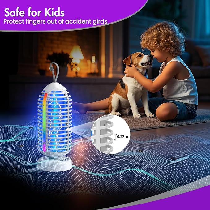 Bug Zapper Outdoor with Colorful Lighting and Auto-Sensing, 3 in 1 Cordless 4000mAh Battery Electric Fly Trap, Rechargeable Mosquito Zapper for Camping, Patios, Garden, Kitchen (2Pack-White)