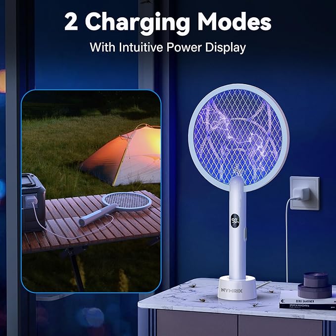 Electric Fly Swatter Racket, 2 in 1 Mosquito Bug Zapper 4100V Handheld Mosquito Killer with 1800 mAh Rechargeable Battery, Purple Lightand 3-Layer Safety Mesh for Indoor Outdoor Blue Two-Pack