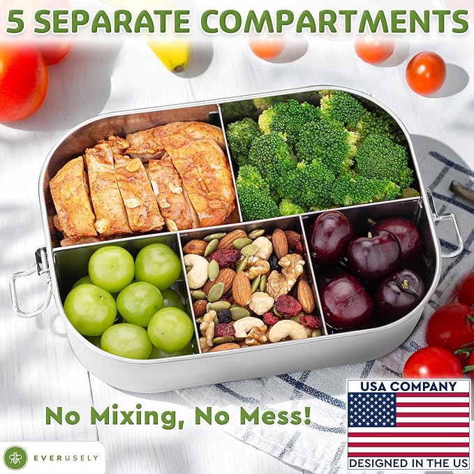 Bento Box - 47 oz - 5 Compartment Bento Box - Metal Lunch Box w/ Lock Clips