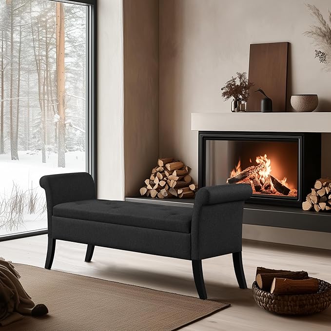 Yaheetech Ottoman with Storage, 52" Storage Ottoman Bench with Safety Hinge, Upholstered Bench with Seating for Bedroom, Living Room, Holds up to 661 lb, Black