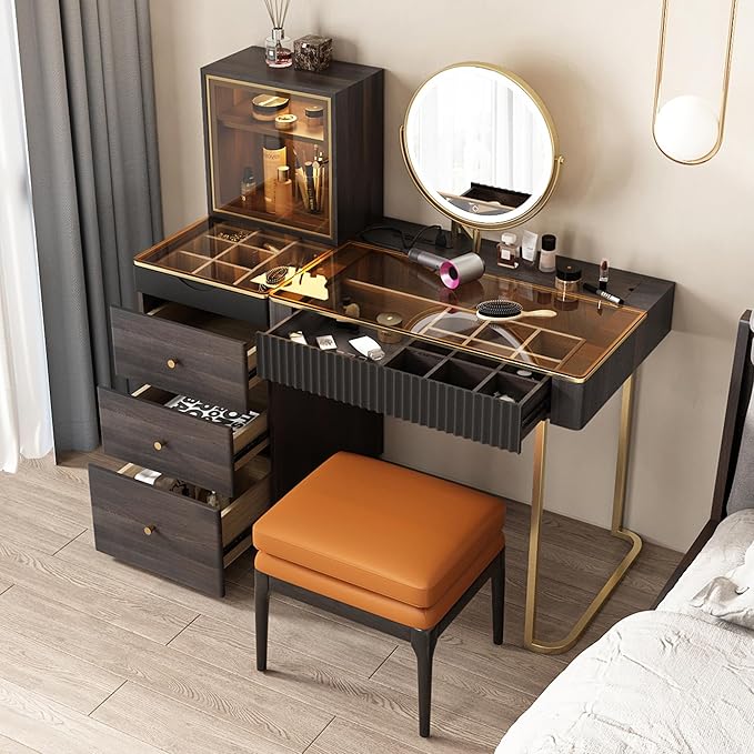 Lartis Vanity with Mirror and Lights Makeup Vanity Table with Stool, 47 inch Black Dressing Table with Dimmable LED Mirror, Ample Storage, Convenient Power Access, Easy Assembly