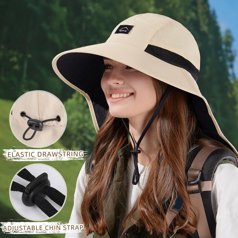 Rosoz Outdoor Sun Hat for Men Women, UPF50+ Protection Safari Cap Wide Brim Mesh Fishing Hat with Neck Flap Beach Garden