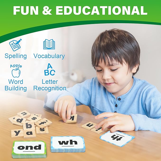 BenBen Family Spelling Games with 112 Flash Cards & Wooden Letter Tiles, CVC Sight Word Building Phonics Game for Kids Ages 4+ & Adults, 1–4 Players, Learning Toys for Home or Classroom