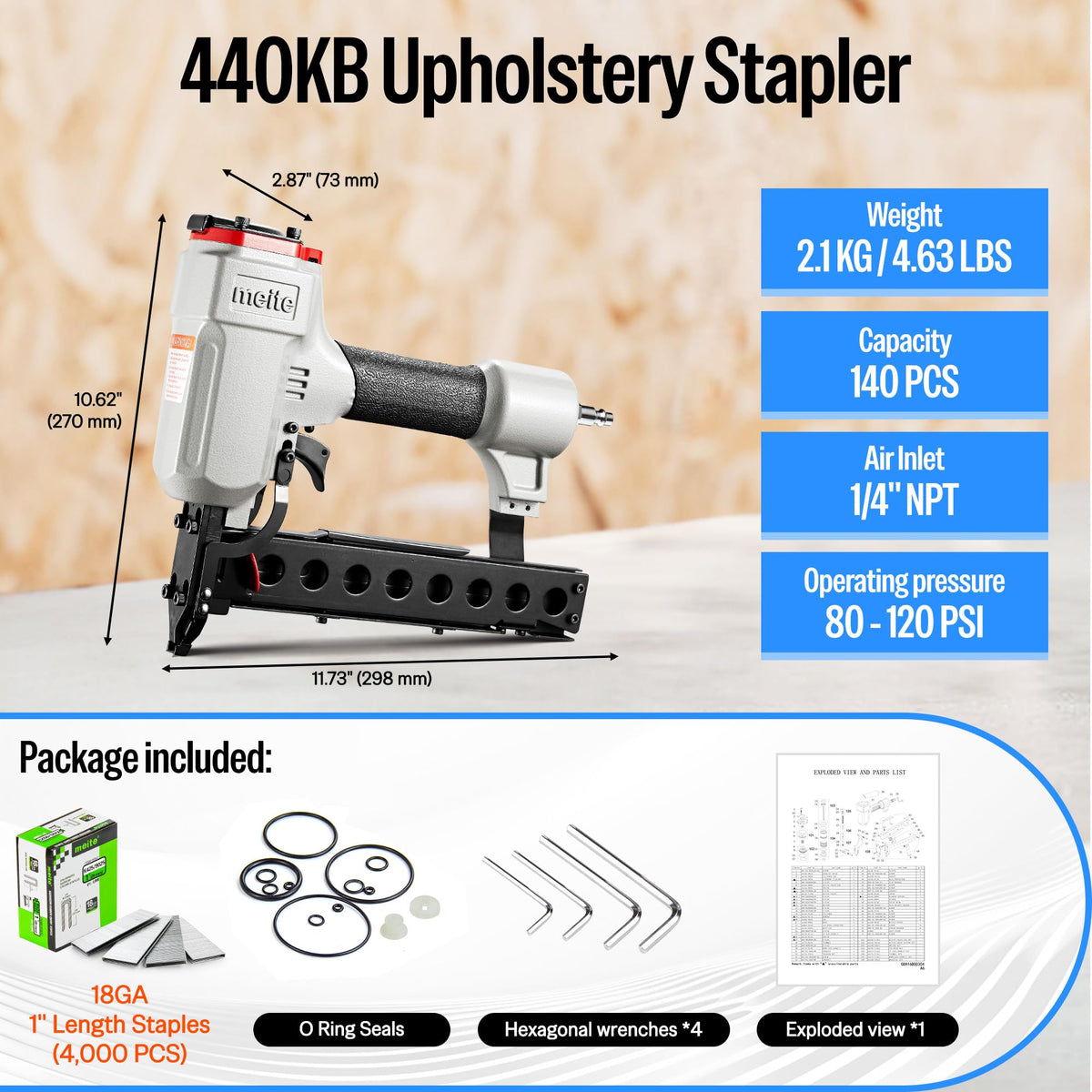 meite 18 Gauge Pneumatic Narrow Crown Stapler, Accepts Staples Length from 1-Inch to 1-5/8-Inch, for Upholstery Projects