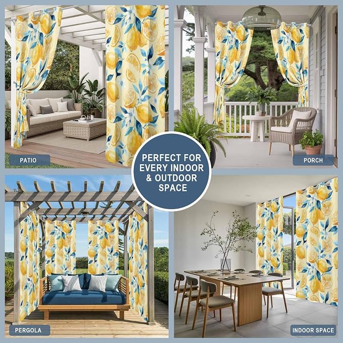 Lemon Outdoor Curtains for Patio Lemon Leaves Summer Plants Begin Waterproof