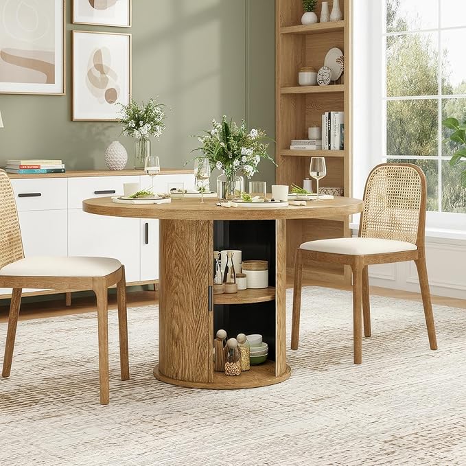 Farini 43" Round Dining Table for 4-6 with Storage Space,Modern Kitchen Room Table with Wood Top & Sturdy Metal Base,Walnut