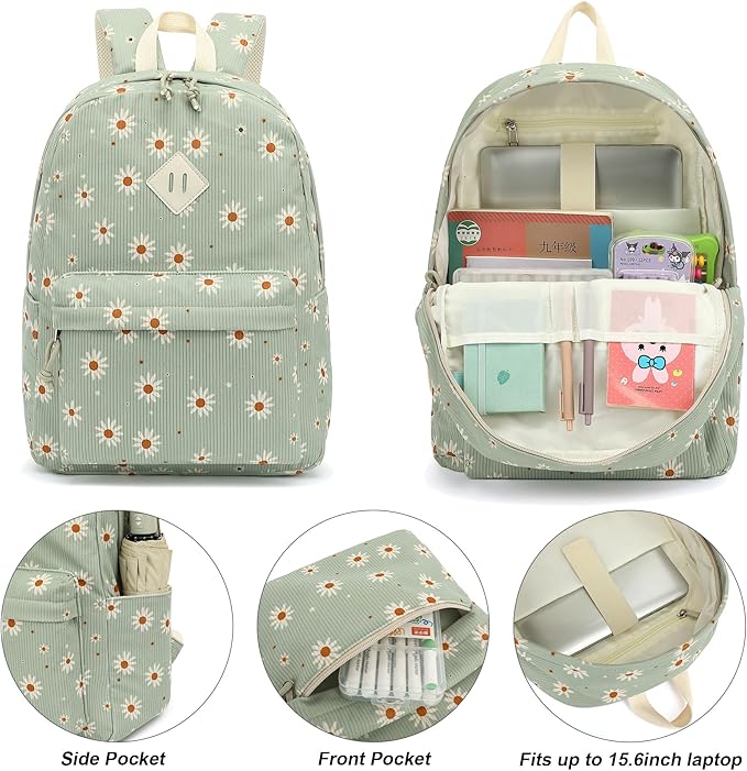Corduroy Girls Backpack Set, 3PCS School Backpacks for Kids Elementary Middle School Bags with Lunch Box Pencil Case (Green Corduroy Daisy)