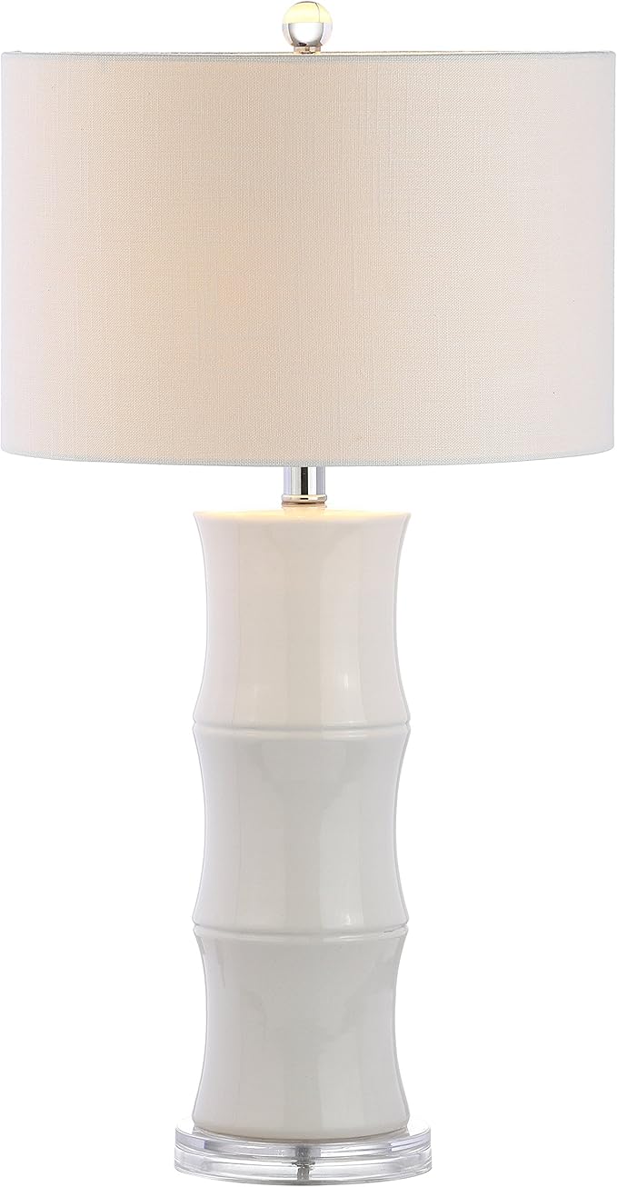 JONATHAN Y 26.5" White Ceramic Table Lamp for Living Room, Bedroom Nightstand, White Linen Drum Shade, Bamboo Design Modern Bedside Desk Lamp with LED Bulb Included (JYL3015C)