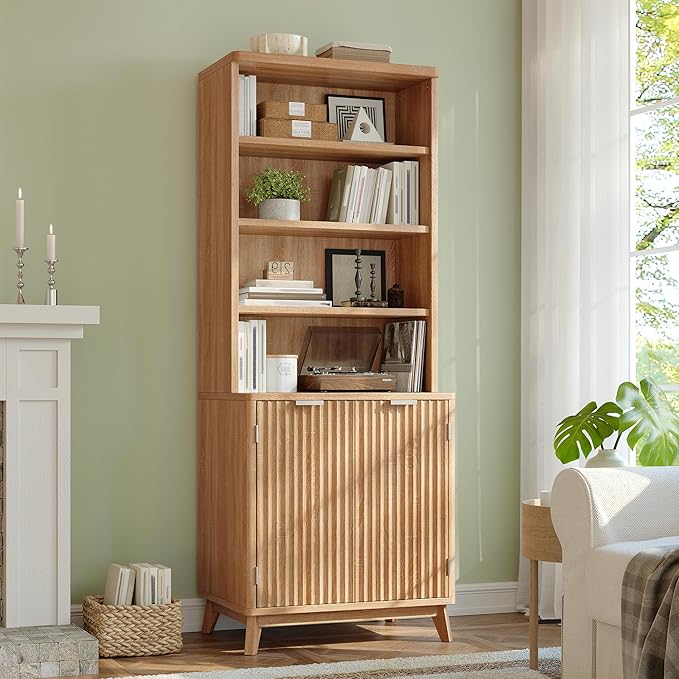 Tall Bookshelf, 6-Tier Bookcase with Fluted Doors & Adjustable Shelves, Mid-Century Cabinet, Modern Wooden Book Shelf for Home Office, Living Room, Kitchen, Light Oak