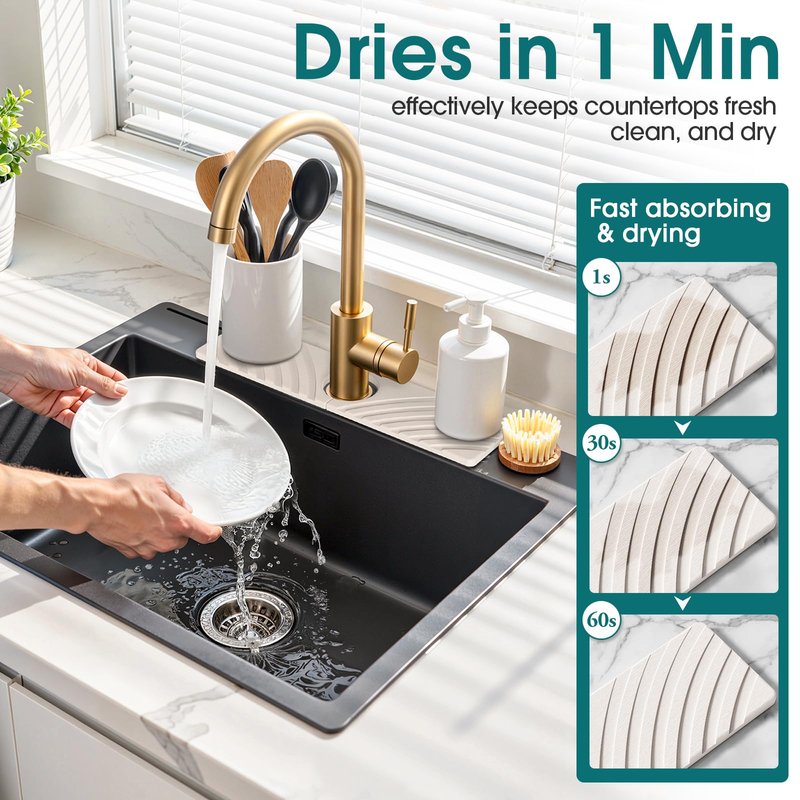 EdenDwell Quick Dry Stone Faucet Mat for Kitchen Sink - 15.8"x3.9" Natural Diatomite Stone Drying Mat for Kitchen Counter Bathroom Dish Dry Mat Auto Drainage Sink Protector (White)
