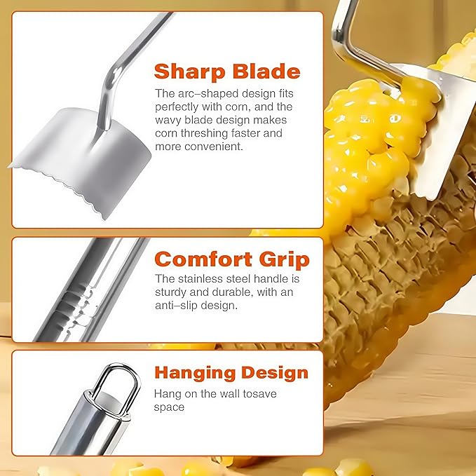 Corn Cob Stripper Tool Set, Newly Upgraded Sawtooth Long Handle Stainless Steel Corn on the Cob Stripper Tool and Corn Holder, Corn Peeler for Corn on the Cob, Silver, 2 Pcs