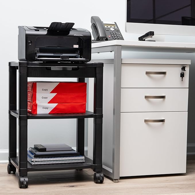 Mind Reader Rolling Printer Cart, Utility Cart, Printer Stand, Desk Storage, Office, 17.25"L x 13.5"W x 24.5"H, 3-Tier, Black