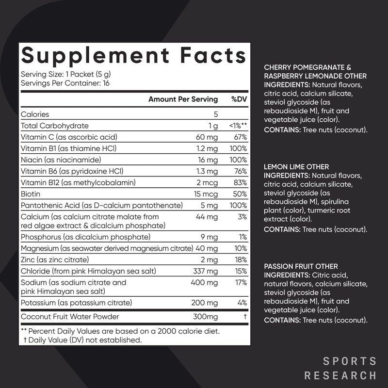 Sports Research® Hydrate Electrolytes Powder Packets - Sugar-Free & Naturally Flavored with Vitamins, Minerals, and Coconut Water - Supports Hydration - 16 Packets - Variety Pack