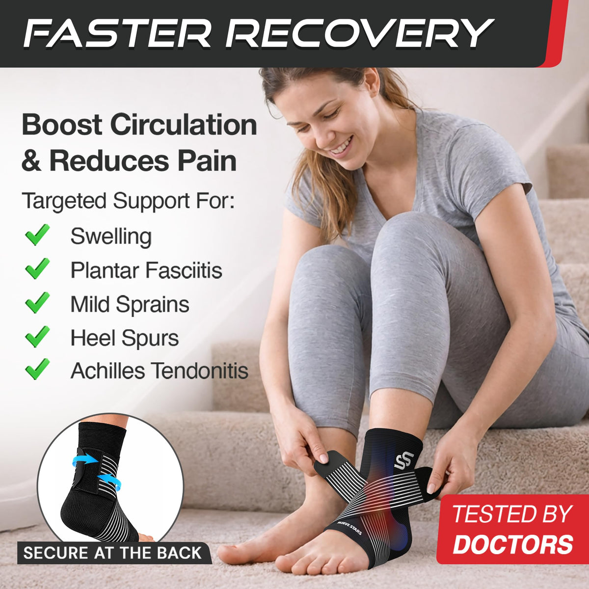 Sleeve Stars Ankle Brace for Women & Men, Ankle Wrap for Sprained Ankle, Compression Sleeve for Plantar Fasciitis Relief, Easy Customizable Support: w/Removable Strap (Single/S:9"-10"/Black)