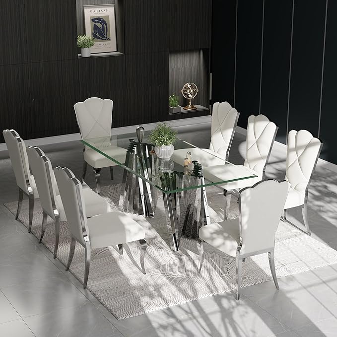 Dining Table for 4-8, 78“ Modern Falcone Kitchen and Dining Table with Tempered Glass Top, Silver Dinner Table for Dining Room, Kitchen, Party