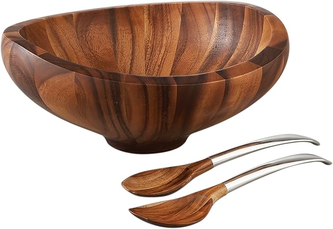 Nambé Butterfly Salad Bowl with Servers, 16-Inch Acacia Wood Bowl with 14-Inch Alloy Servers, Modern Table Centerpiece for Entertaining, Dining & Kitchen Serveware, Wood & Metal Design