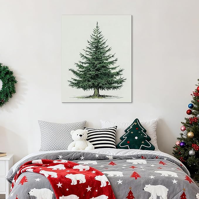 Framed Christmas Pictures Wall Decor,Vintage Pine Tree Prints,Winter Christmas Canvas Wall Art Decoration for Bedroom Bathroom Living Room Rustic Xmas Holiday Gifts (Christmas Tree 5, 16'' X 20'')