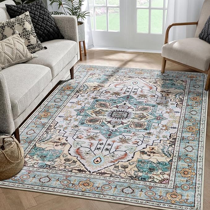 WILLSUN Washable Area Rugs, 3x5 Non-Slip Boho Large Area Rugs for Living Room, Bedroom, Machine Washable Vintage Rug, Indoor Floral Print Carpet for Home Decor, Kid & Pet Friendly Mat