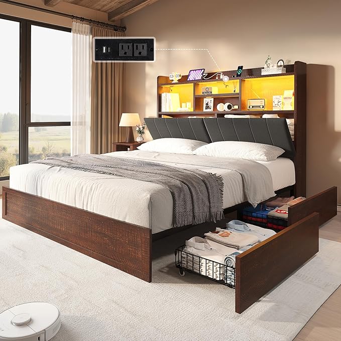 Full Farmhouse Bed Frame with Bookcase Headboard and 4 Drawers, LED Storage Bed with Charging Station & Linen Upholstered, No Box Spring Needed, Reclaimed Barnwood