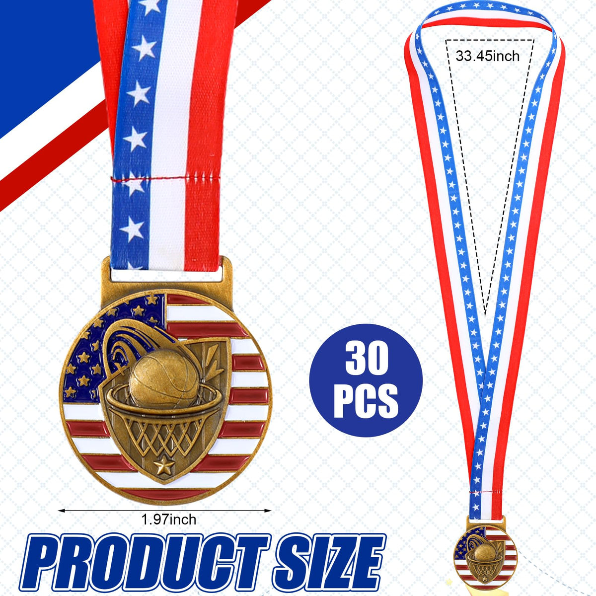 Loetere 30 Pieces Basketball Patriotic Medal Gold Medal Bulk Basketball Trophy with Neck Ribbon Spirit Medallion with Stars Stripes American Flag for Sports Trophy Participation Winner Gift