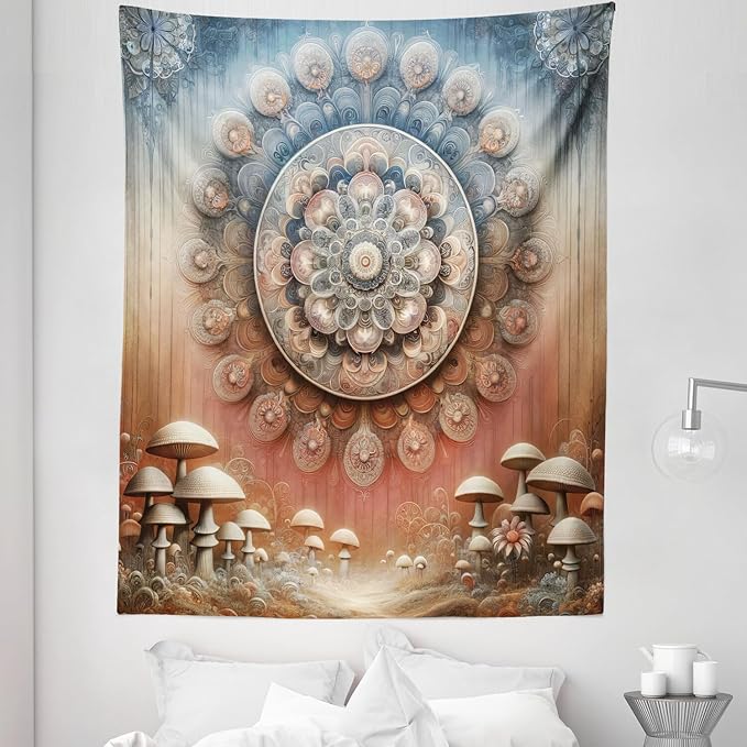 Ambesonne Hippie Tapestry Twin Size, Fantasy Vibes Mushroom Jungle with Oriental Vibes Mandal Print Peacock, Wall Hanging Bedspread Bed Cover Wall Decor, 68" X 88", Pale Ruby Blue Grey Ecru