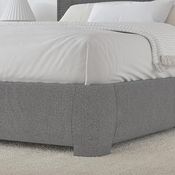 BarnFurin Twin Size Bed Frame, Boucle Upholstered Platform Bed with Headboard, Modern Style, Soft Rounded Corners, No Box Spring Required, Easy Assembly, Light Grey
