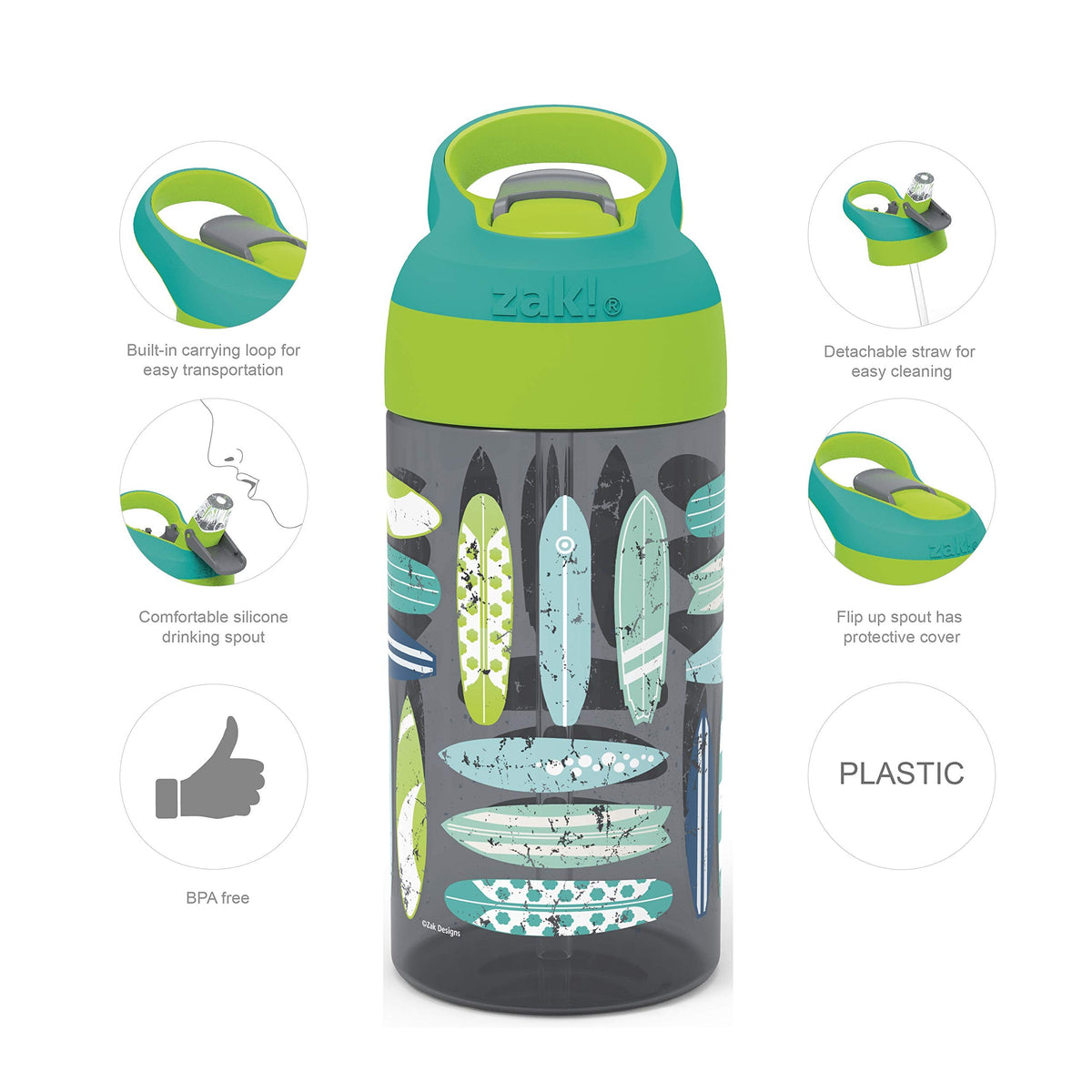 Zak Designs 16oz Riverside Beach Life Kids Water Bottle with Straw and Built in Carrying Loop Made of Durable Plastic, Leak-Proof Design for Travel, 2PK Set