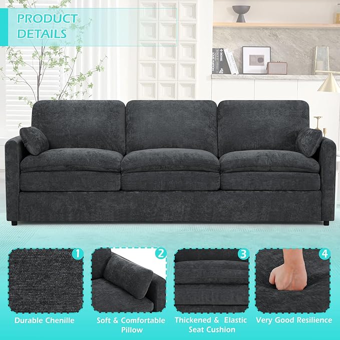 3 Pieces Chenille Sofa Set w/Arm Pillows, Upholstered Loveseat & 2 Pieces 3 Seater Sofa w/Comfortable Back Cushions, Modern 2-Seat & 3-Seat w/High-Density Foam for Living Room, Grey
