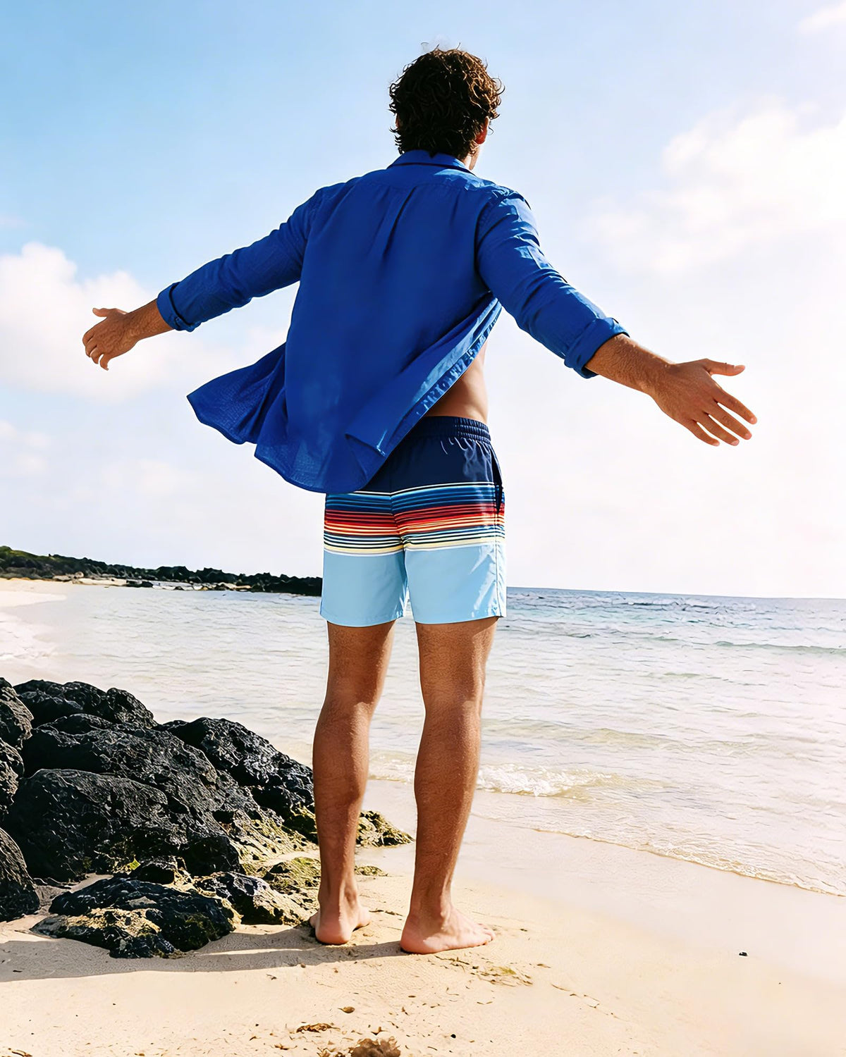 SURF CUZ Mens Swim Trunks with Compression Liner Quick Dry Swim Shorts 7" Swimming Trunks Stretch Zipper Pockets,Colorful Stripes,M