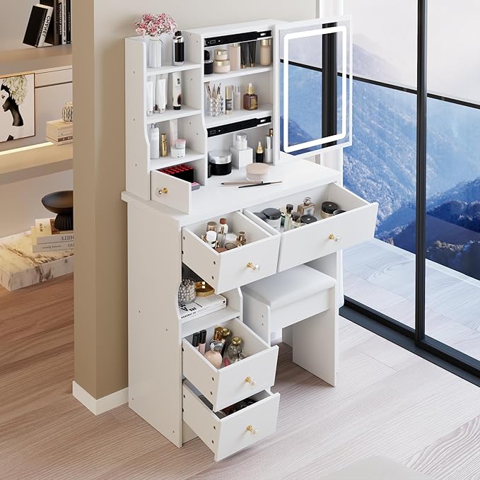 29.2" Small Vanity Desk with Mirror and Lights, Makeup Table with Led Lights and Sliding Mirror, 3 Lighting Colors, Vanity Set with 5 Drawers and Stool for Small Space Bedroom, White