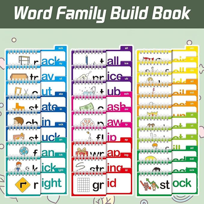 30 Read and Rhyme Flip Books, Word Family Build Book, Learn to Read Phonics Flash Cards, ABC Vocabulary Flash Cards, Kindergarten Sight Words for Preschool Learning Activities and Reading Games